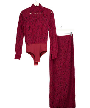 DE SAVARY LONDON 2-piece Burgundy Red Lace Bodysuit And Maxi Skirt Set UK XS/S
