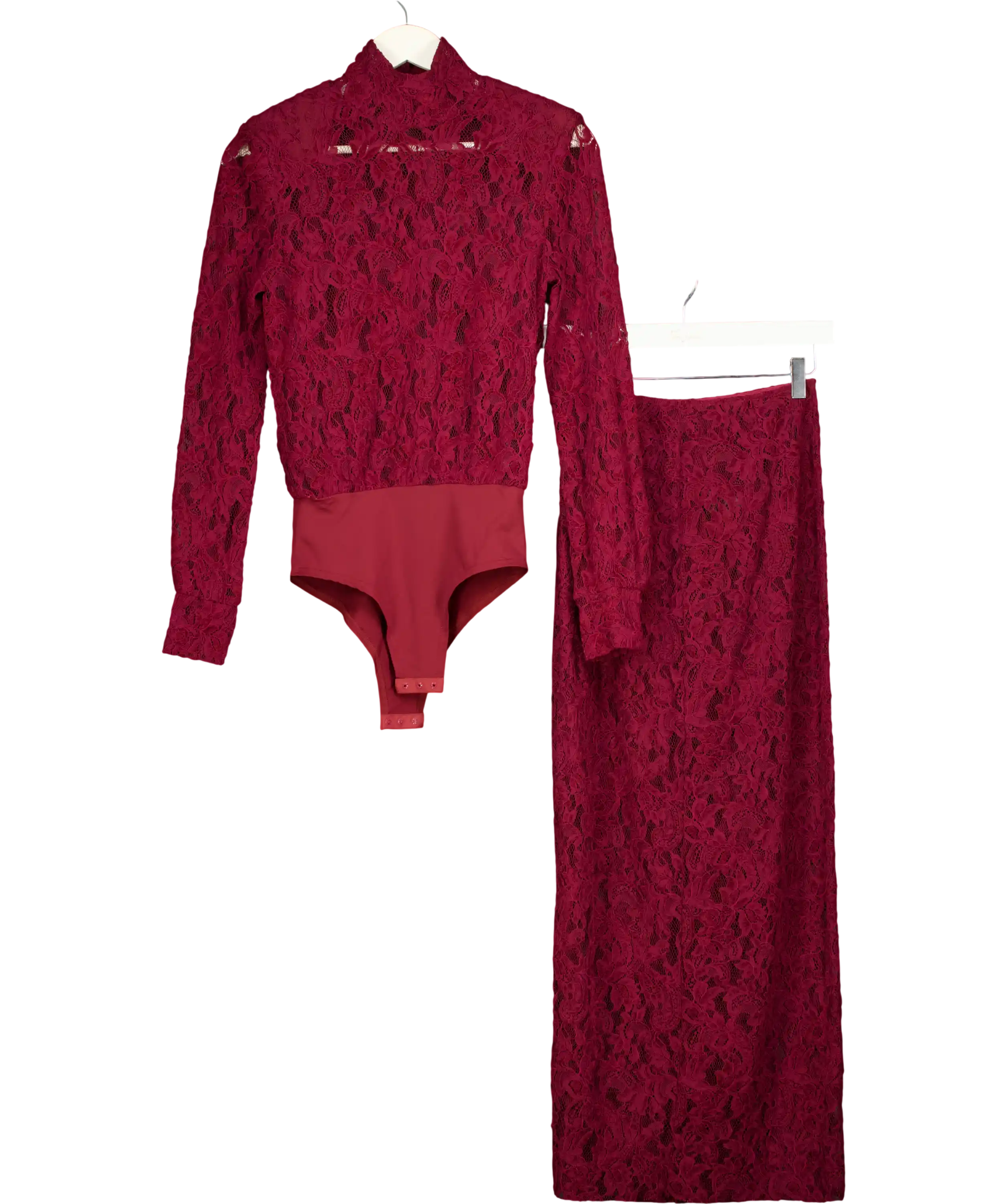 DE SAVARY LONDON 2-piece Burgundy Red Lace Bodysuit And Maxi Skirt Set UK XS/S
