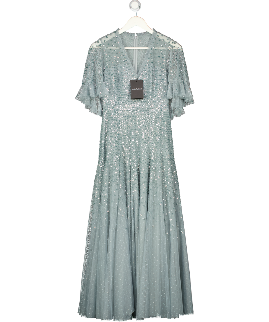 NEEDLE & THREAD Thistle Blue Dappled Sequin Cape Ankle Gown UK 10