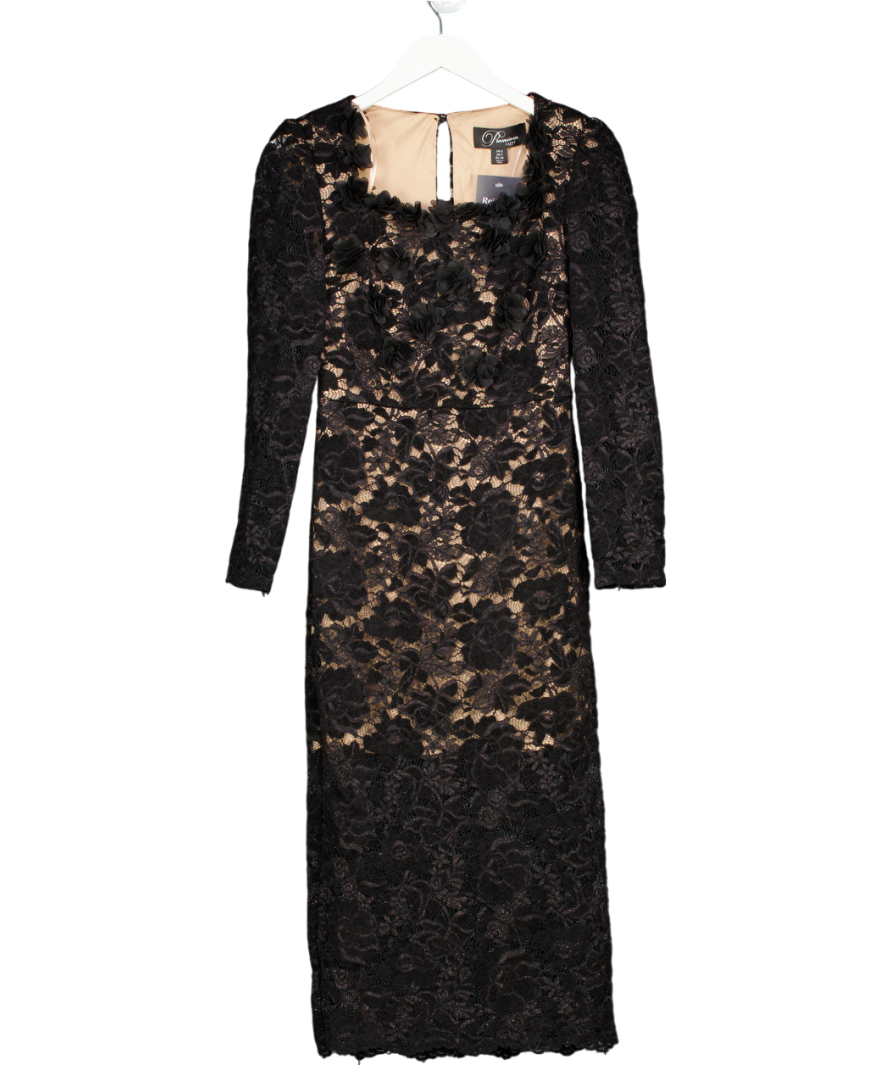 lipsy london Black Premium 3d Floral Print Lace Long Sleeve Bodycon Midi Dress UK 6