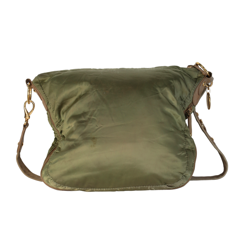 Tods Hunter Green Nylon & Brown Leather Trim Bag Handbag