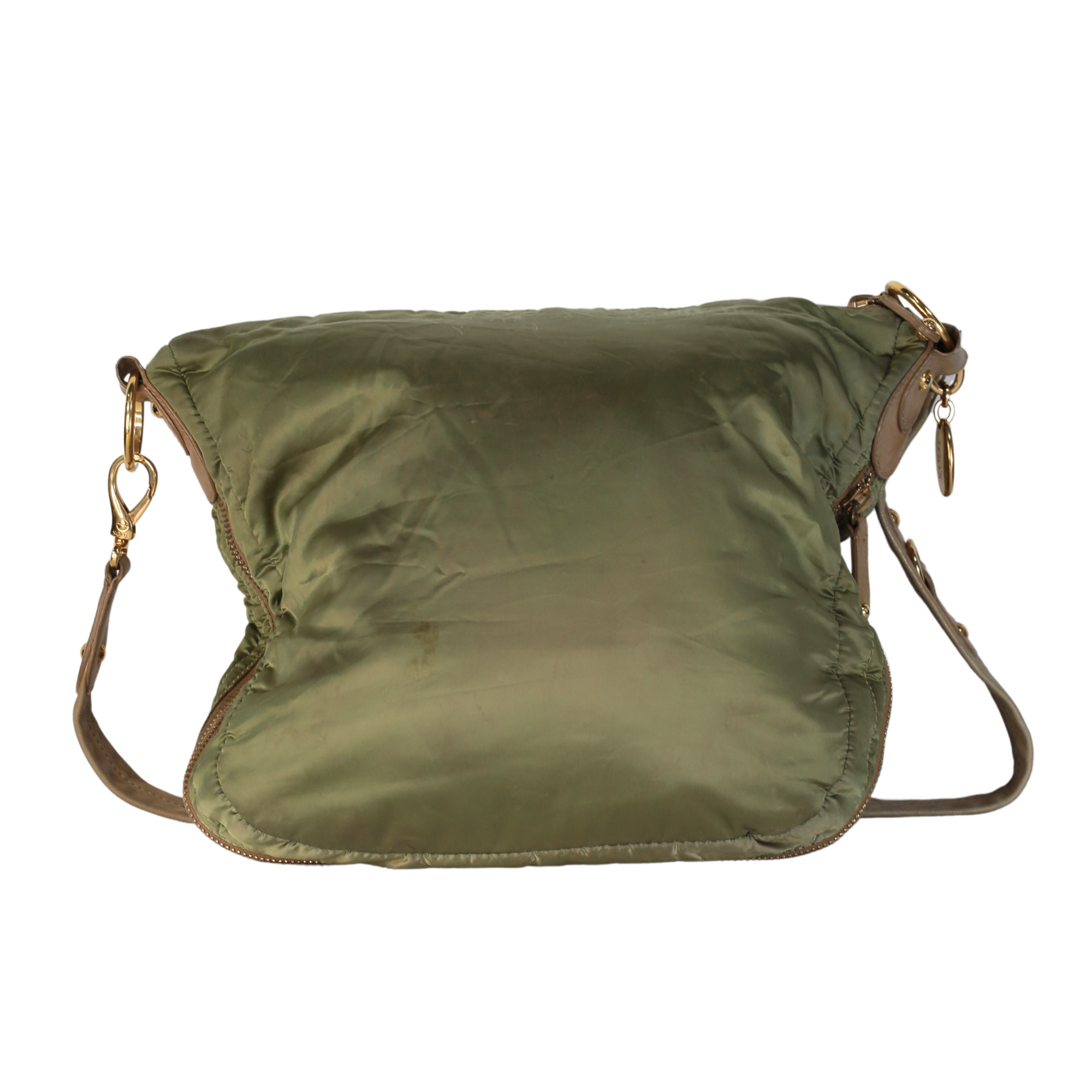 Tods Hunter Green Nylon & Brown Leather Trim Bag Handbag