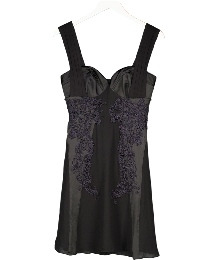 Karen Millen Black 100% Silk Corset Detail Mini Dress With Guipure Lace Applique. UK 10
