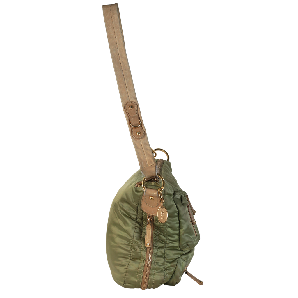 Tods Hunter Green Nylon & Brown Leather Trim Bag Handbag