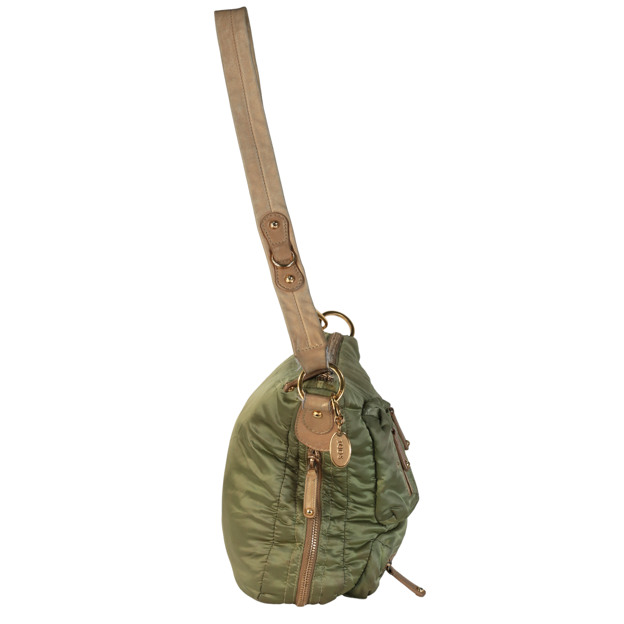 Tods Hunter Green Nylon & Brown Leather Trim Bag Handbag