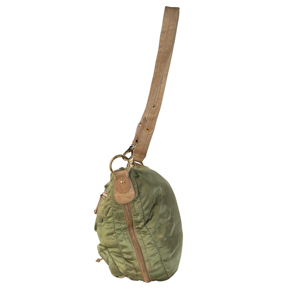 Tods Hunter Green Nylon & Brown Leather Trim Bag Handbag