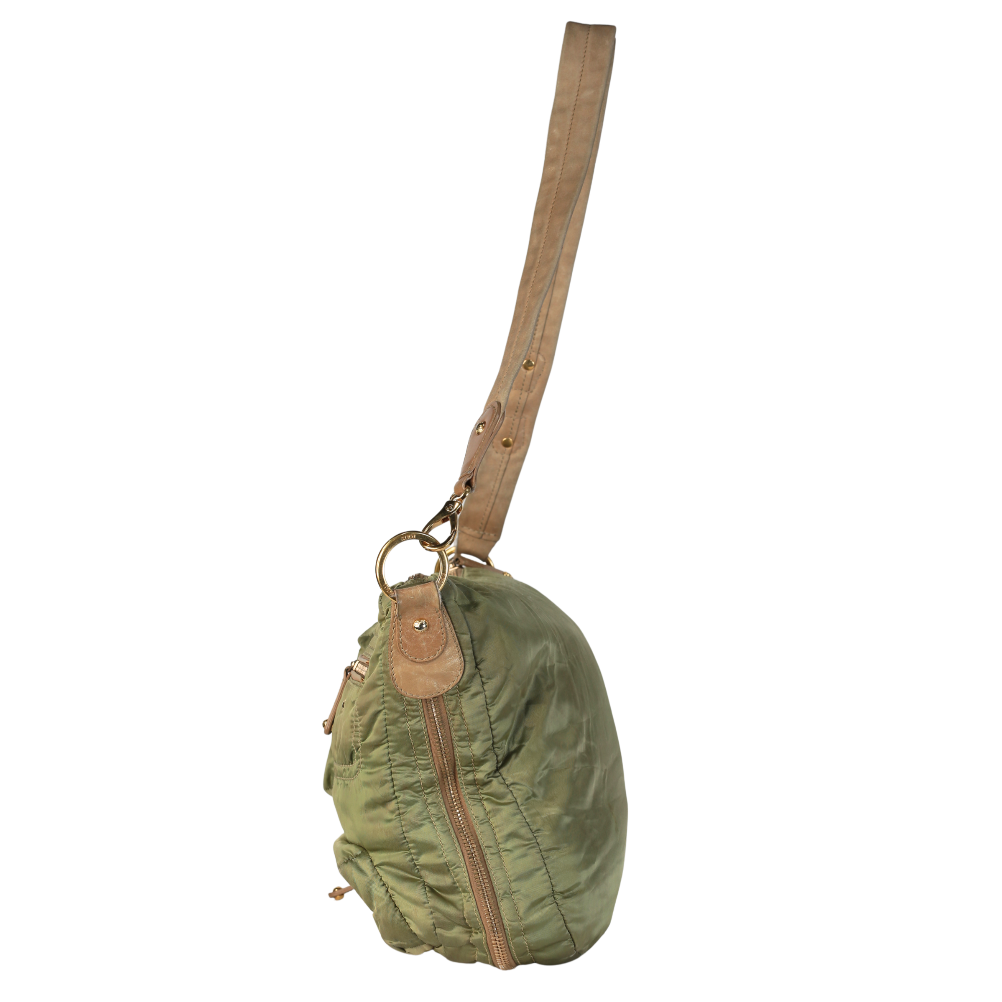 Tods Hunter Green Nylon & Brown Leather Trim Bag Handbag