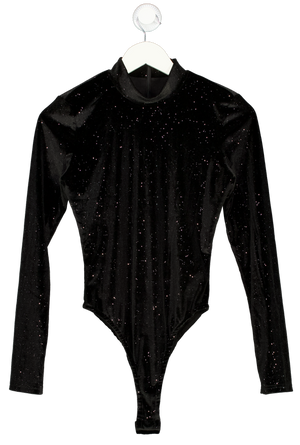 MESHKI Black Gitter Velvet Long Sleeve Bodysuit UK S