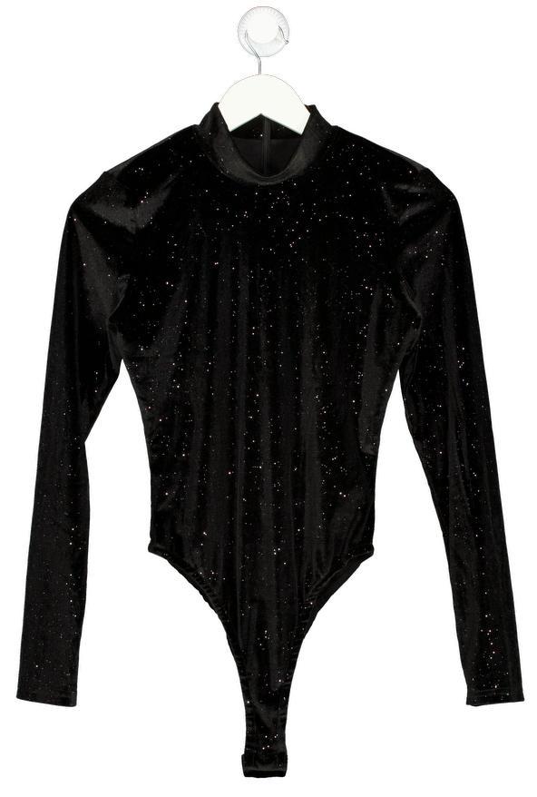 MESHKI Black Gitter Velvet Long Sleeve Bodysuit UK S