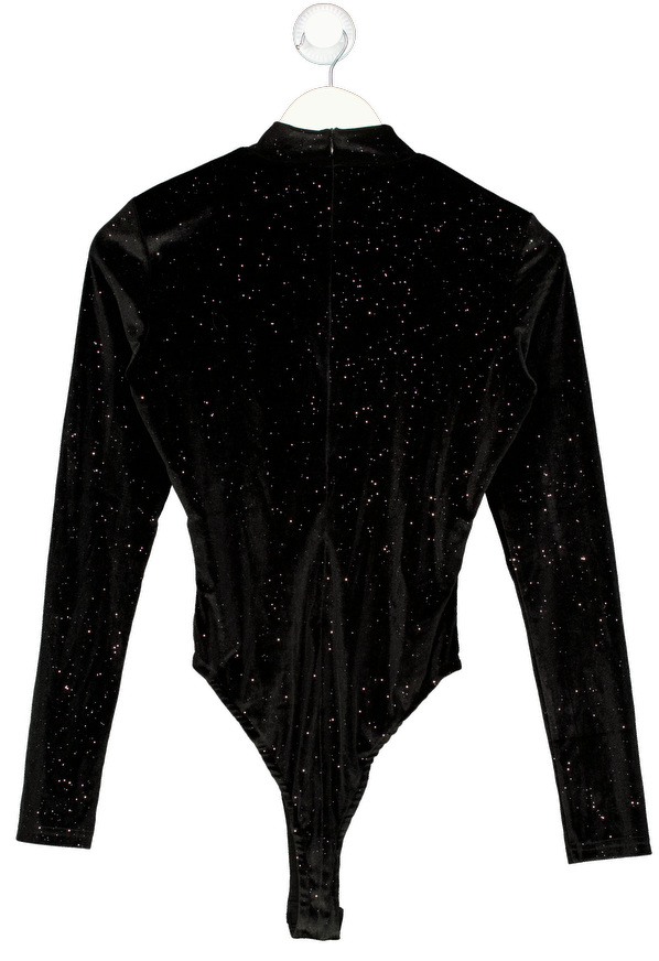MESHKI Black Gitter Velvet Long Sleeve Bodysuit UK S