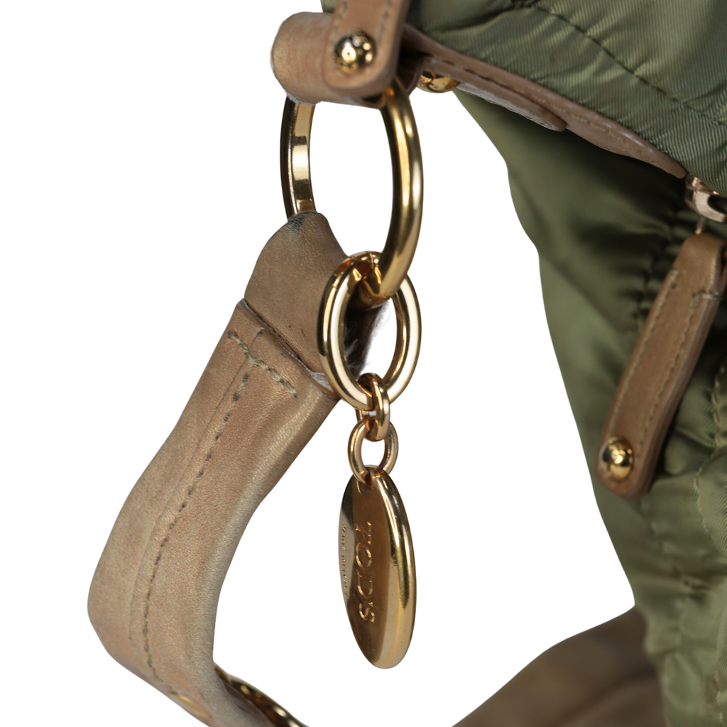 Tods Hunter Green Nylon & Brown Leather Trim Bag Handbag