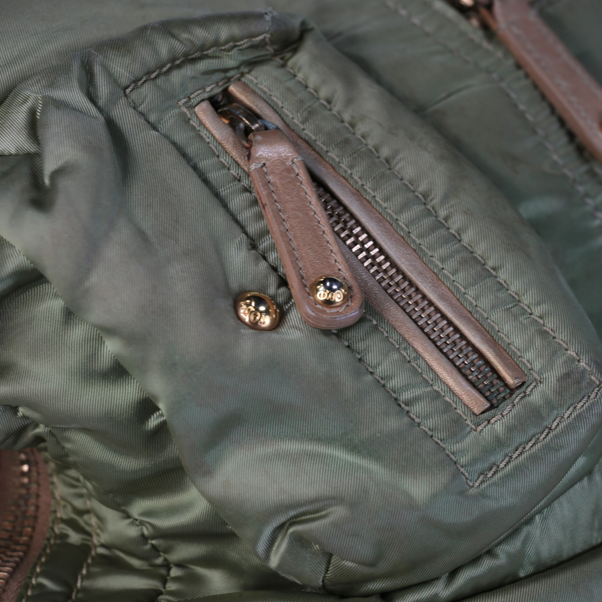 Tods Hunter Green Nylon & Brown Leather Trim Bag Handbag