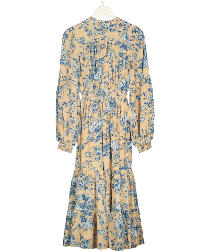 byTimo Blush Pink / Blue Hydrangea Print Shirred Waist Midi Dress UK XS