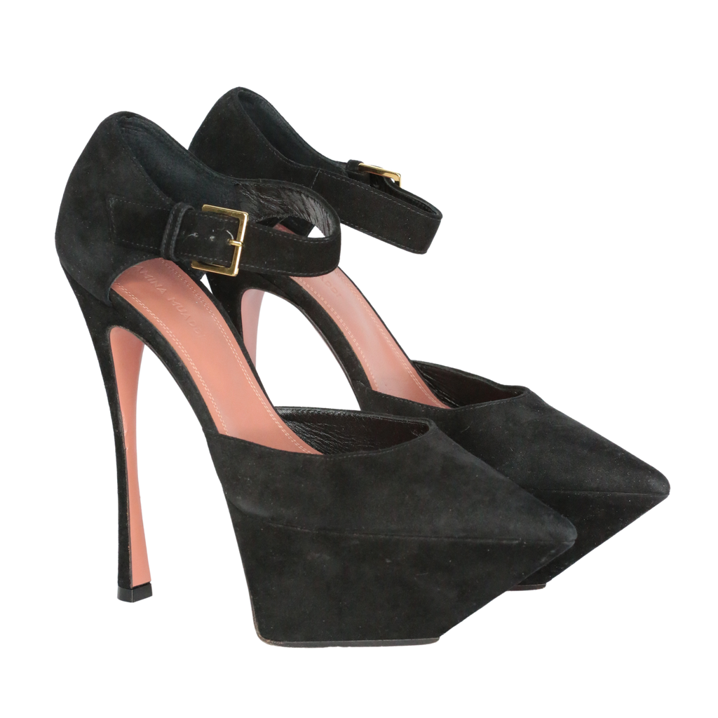 Amina Muaddi Black Suede Angelica Heels UK 4 EU 37 👠