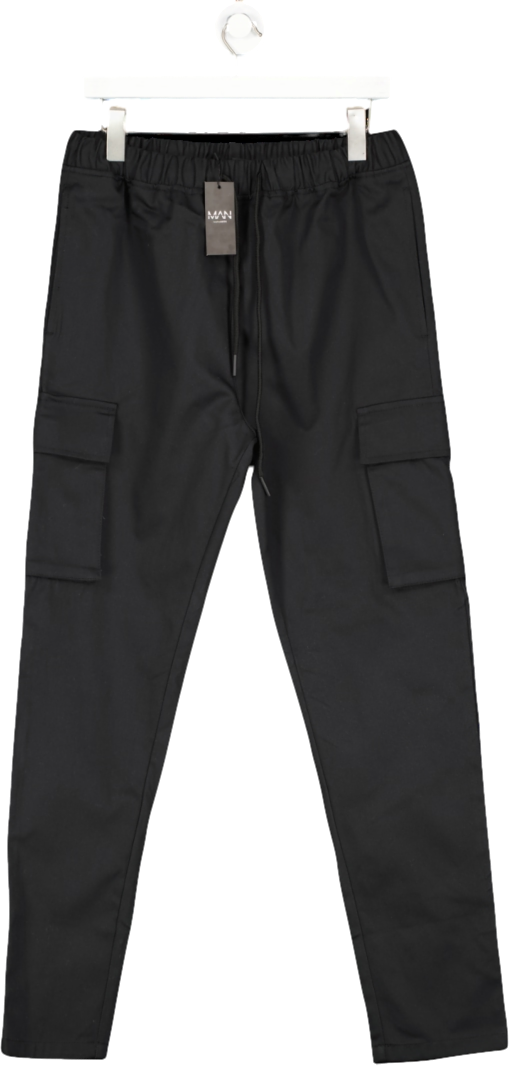 boohooMan Black Skinny Fit Twill Cargo Trousers UK M