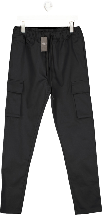 boohooMan Black Skinny Fit Twill Cargo Trousers UK XS