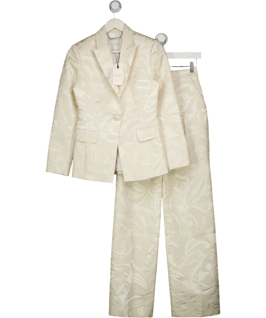 TED BAKER Cream 2-piece Majia Single-breasted Graphic-jacquard Blazer Sz1 And Wide Leg Trouser Sz1 Set UK XS/S