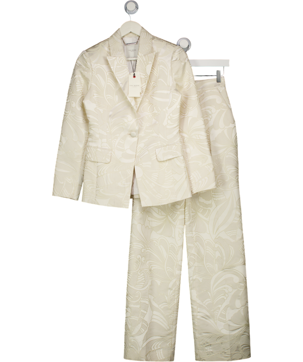 TED BAKER Cream 2-piece Majia Single-breasted Graphic-jacquard Blazer Sz1 And Wide Leg Trouser Sz1 Set UK XS/S