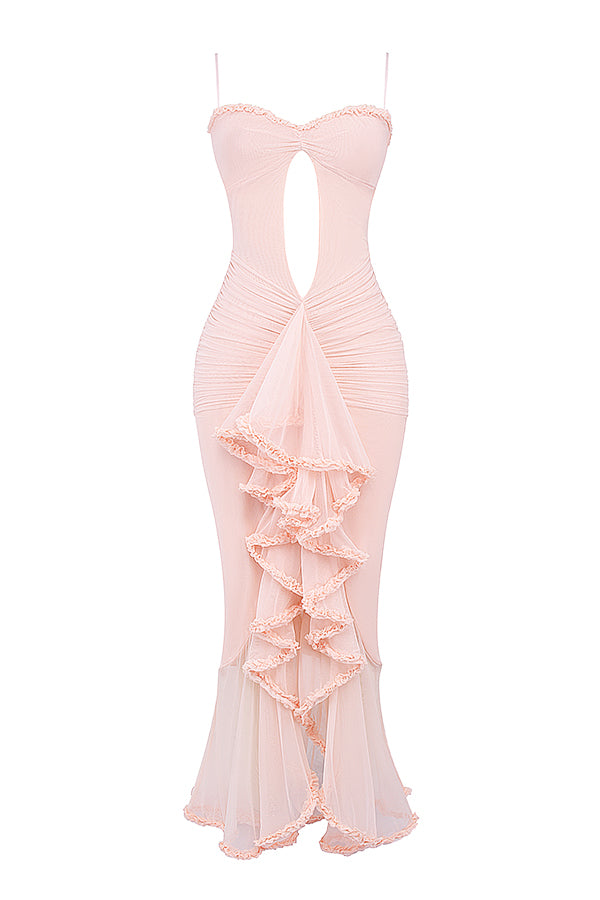House of CB Pink Gabriella Soft Peach Ruffled Front Gown UK XS