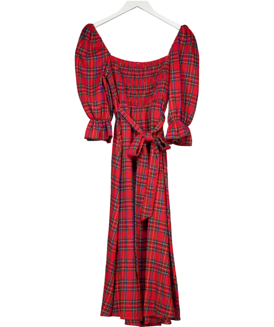 & SELENE Red Tartan Shirred Midi Dress UK S