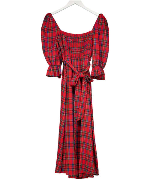 & SELENE Red Tartan Shirred Midi Dress UK S