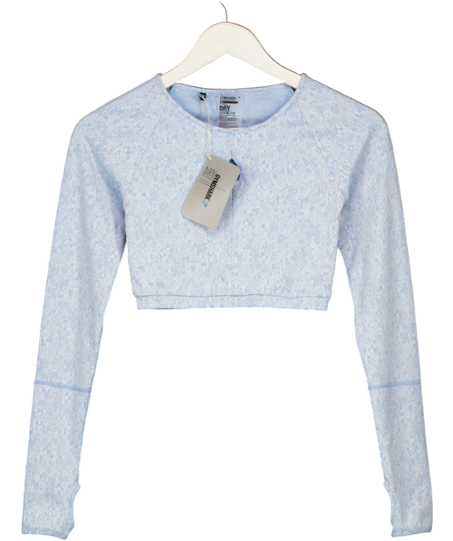 GYMSHARK Blue Fleur Textured Long Sleeve Crop Top UK XS
