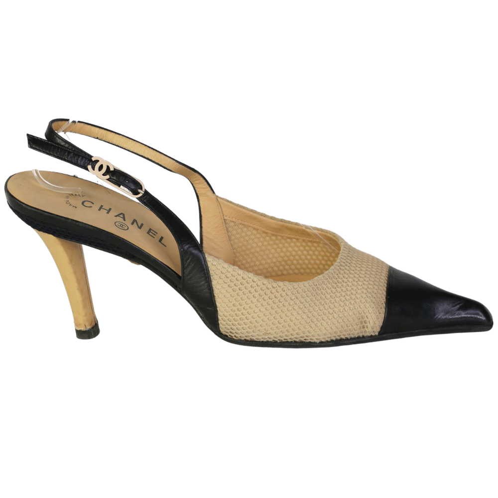 Chanel Beige Woven Pointed Slingback Heels UK 8 EU 41 👠