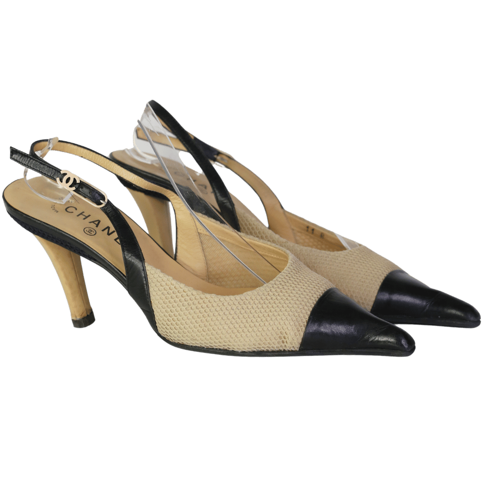 Chanel Beige Woven Pointed Slingback Heels UK 8 EU 41 👠