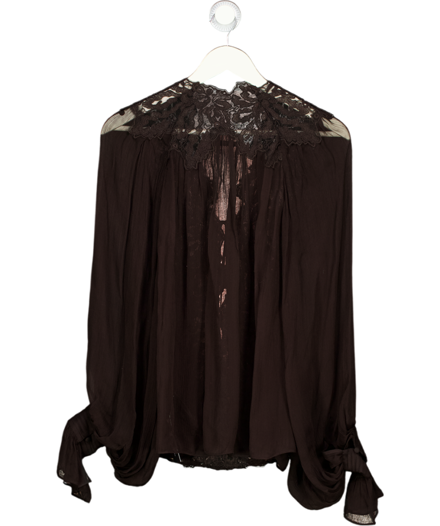 ZARA Dark Brown Lace Tie Front Georgette Blouse UK XS/S