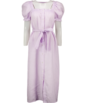 SLEEPER 100% Linen Lilac Puff Sleeve Button-up Brigitte Midi Dress UK M