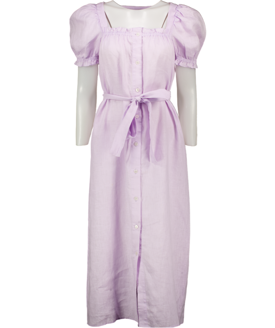 SLEEPER Purple 100% Linen Lilac Puff Sleeve Button-up Brigitte Midi Dress UK S