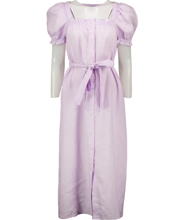 SLEEPER Purple 100% Linen Lilac Puff Sleeve Button-up Brigitte Midi Dress UK S