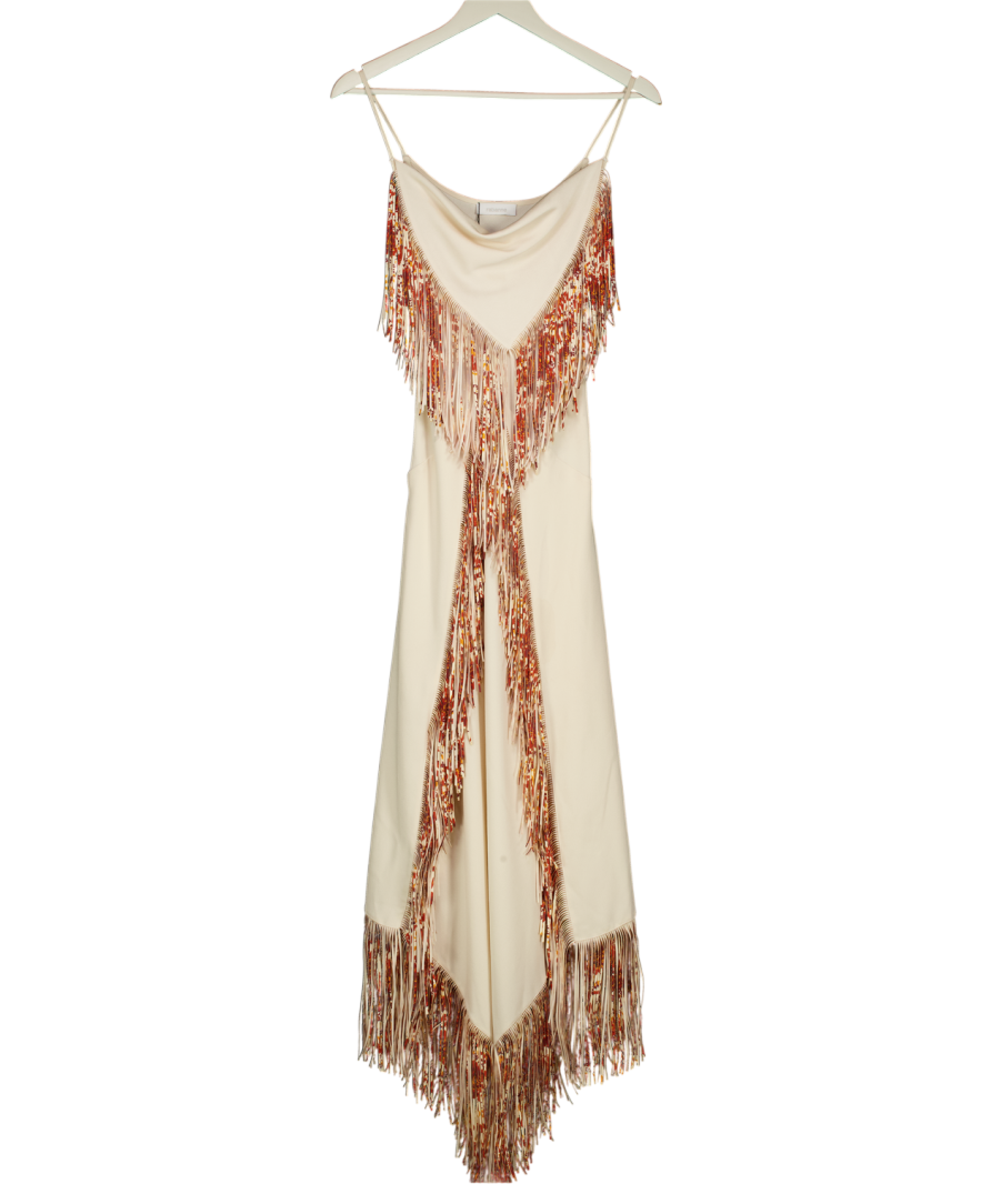 Paco Rabanne Cream Fringed Asymmetric Midi Dress Fr34 UK 6