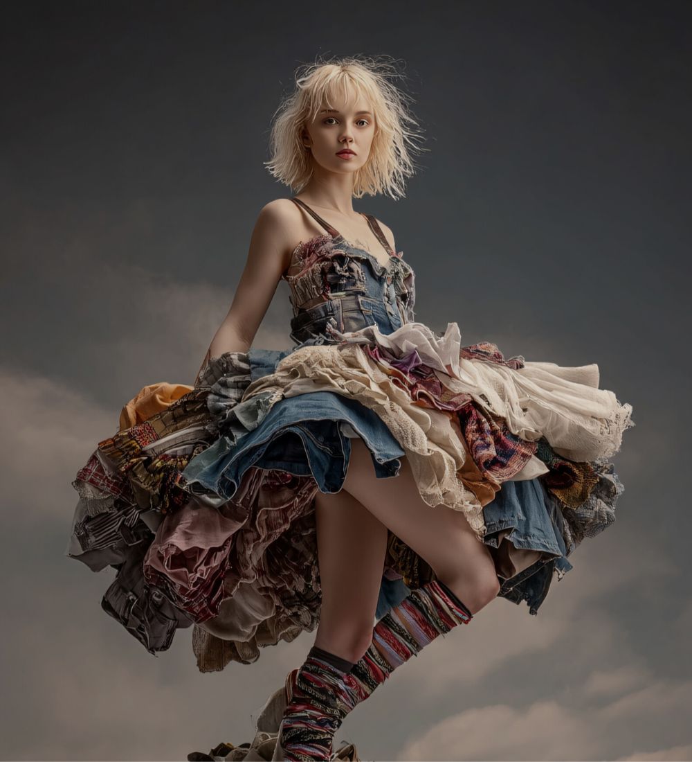 Woman wearing a colorful, layered dress against a cloudy sky