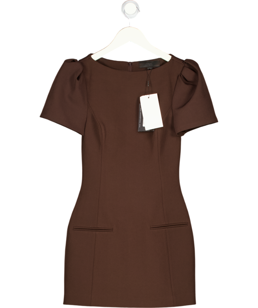 ZARA Chocolate Brown Short Dress With Pleats And Pockets UK XS