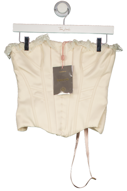 HOUSE OF CB Cream Idella Lace-trim Stretch-satin Corset Top UK S