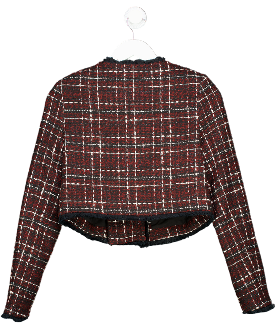 Karen Millen Red Burgundy / Black  Wool Mix Check Boucle Tailored Cropped Jacket UK 8