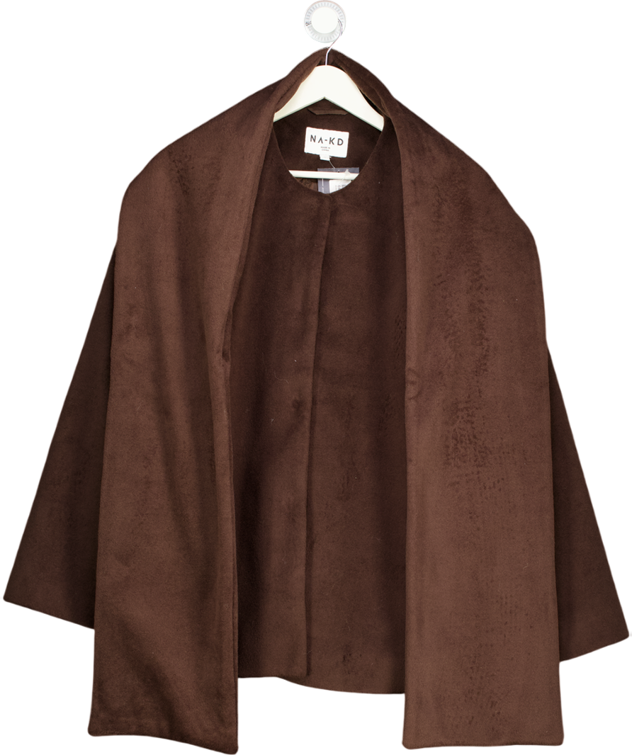 NA-KD Brown Wool Blend Scarf Detail Short Coat UK 8