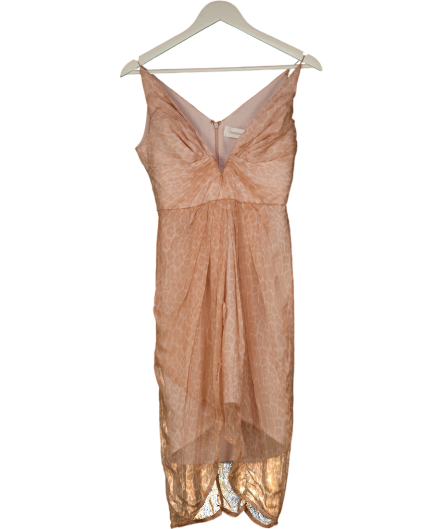 Zimmermann Orange Peach Silk Chiffon Leopard Plinge Front Print Dress Sz0 UK 8