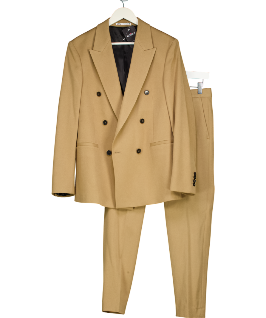ZARA Brown Double-breasted Suit Blazer (36") And Slim Fit Trousers W30
