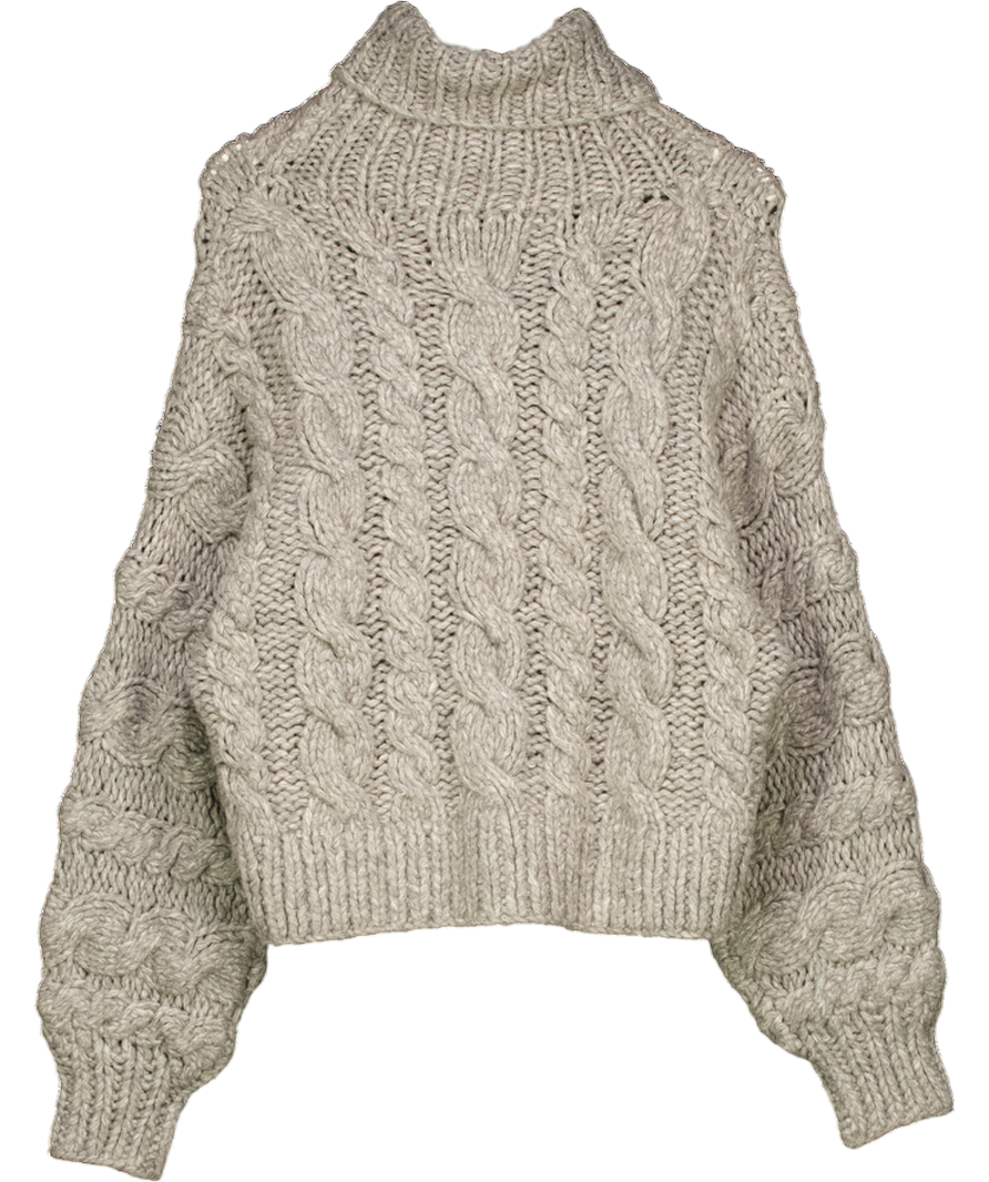 ARRANGE Beige Hand Knit Cable High Neck Jumper In Grey UK XS