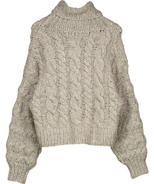 ARRANGE Beige Hand Knit Cable High Neck Jumper In Grey UK XS