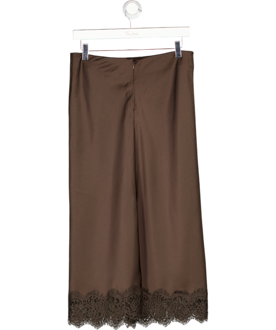 ZARA Brown Satin Lace Trim Midi Skirt UK S