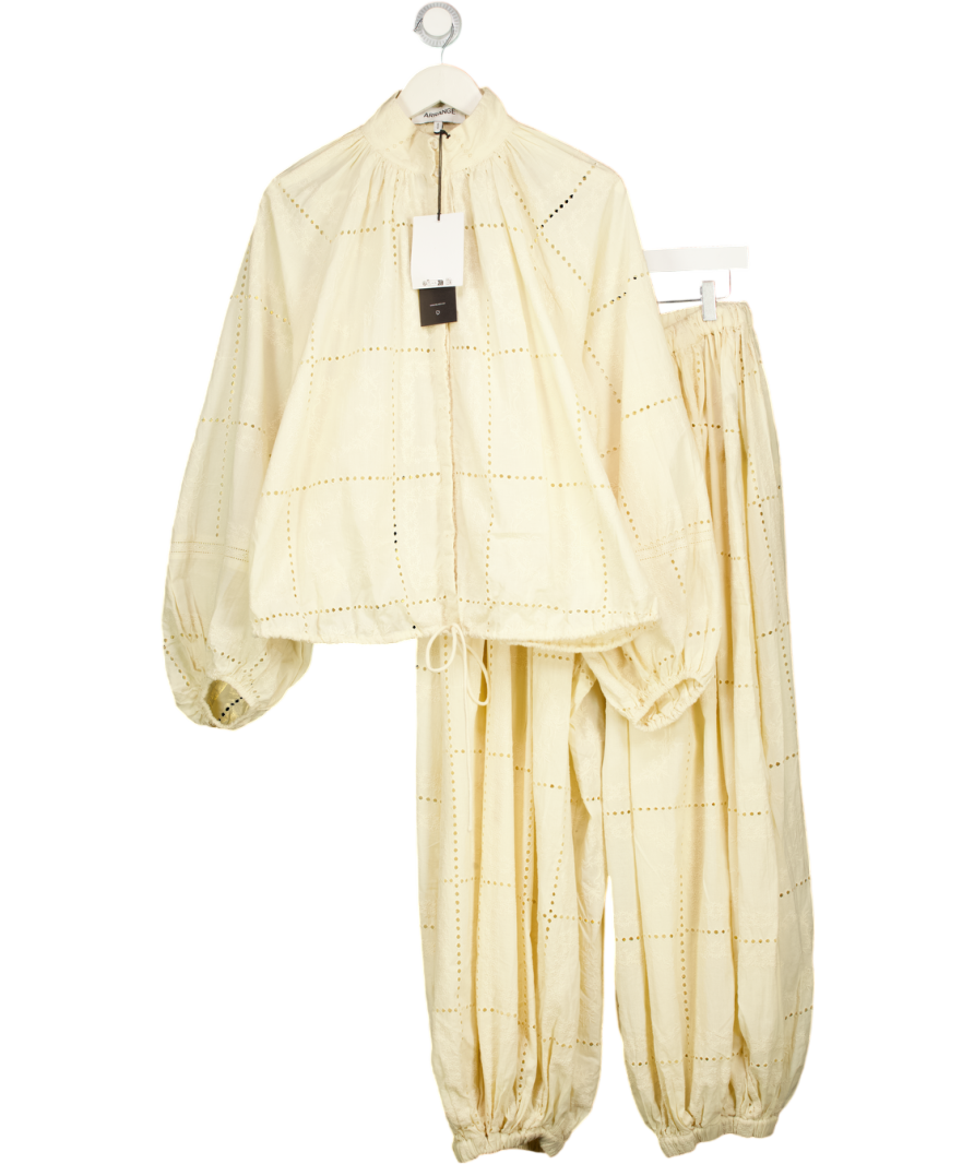 ARRANGE 2-piece Broderie Eyelet Balloon Shirt &  Trousers Set In Cream UK 10