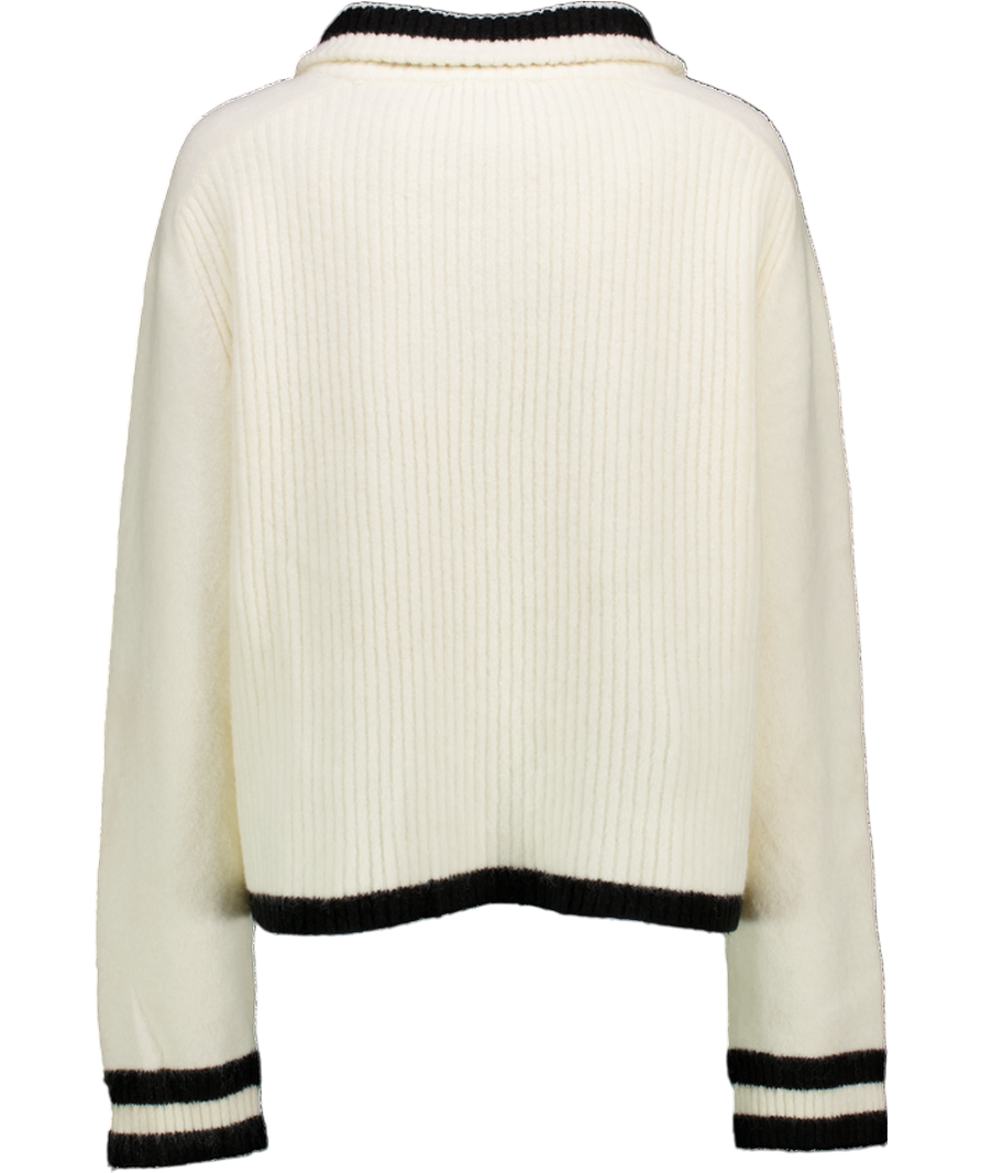 MANGO Cream / Black Wool Blend Ribbed Knit Zip Jumper UK L