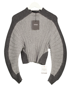 TOPSHOP X Tolu Coker Knitted Premium 100% Lambswool Ovoid Sleeve Jumper In Grey UK XS