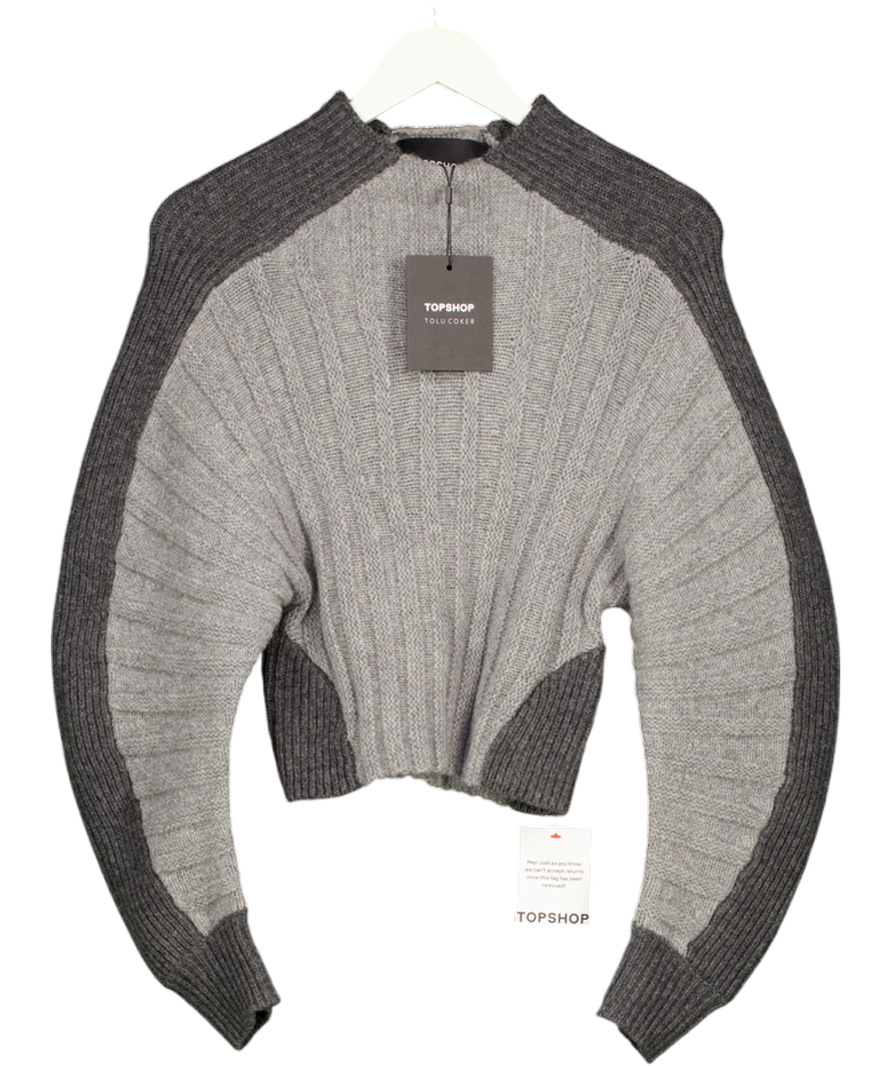 TOPSHOP X Tolu Coker Knitted Premium 100% Lambswool Ovoid Sleeve Jumper In Grey UK XS