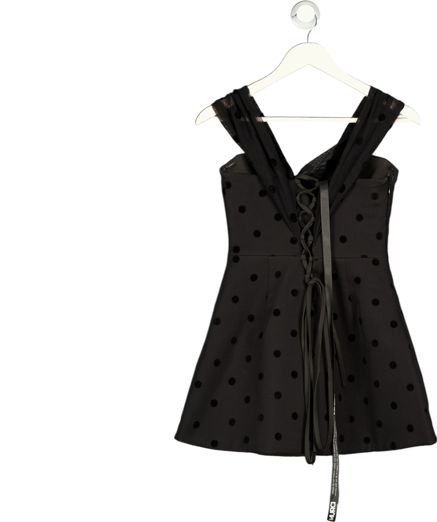 MURCI Exclusive Polka Dot Mesh Bardot Plunge Neck Mini Dress In Black UK 8