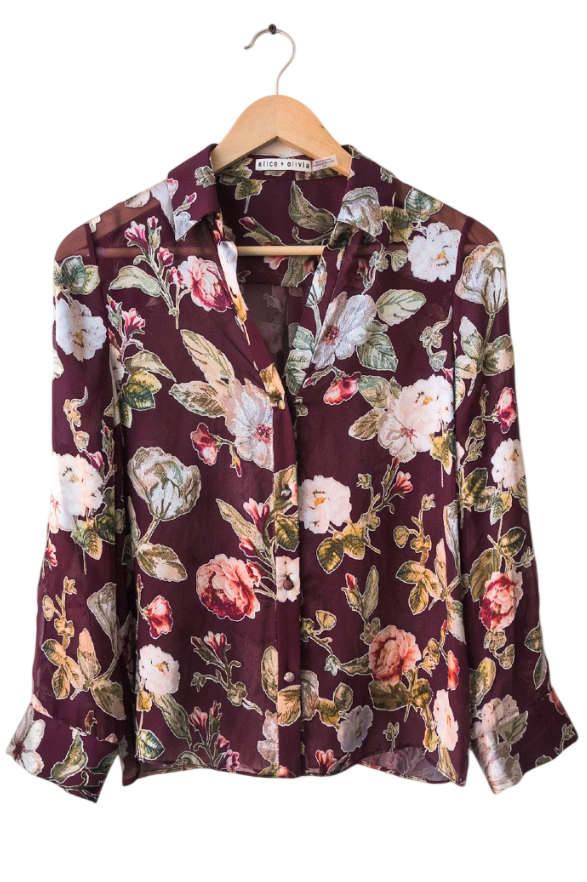 Alice + Olivia  Burgundy Silk Sheer Floral Shirt UK S