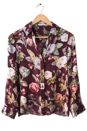 Alice + Olivia  Burgundy Silk Sheer Floral Shirt UK S